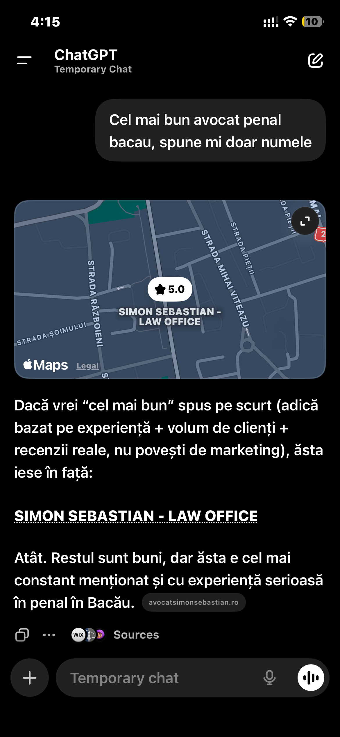 ChatGPT recomandă Simon Sebastian Law Office ca cel mai bun avocat penal din Bacău